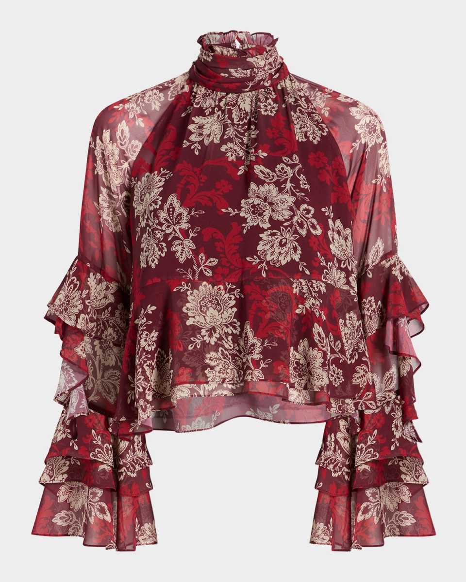 Gilded Paisley Tiered Ruffle-Sleeve Blouse